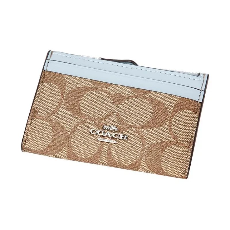 COACH Skinny Id Case Canvas Leather Wallets Card Holders Women's Antique Floral With Light Blue-1