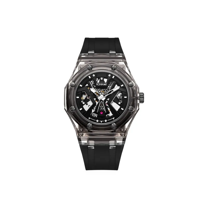 RONMAR Automatic Mechanical Movement Silicone Strap Watch Men's Watches Cut Out Dial-3