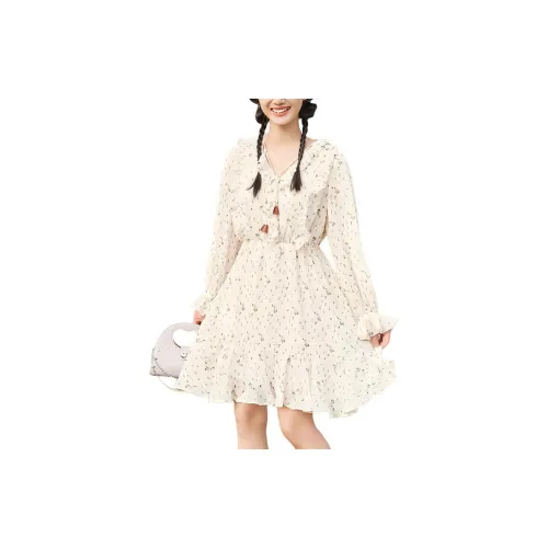 ZIHAN Long-Sleeved Dresses Women's Beige Base With Floral Pattern