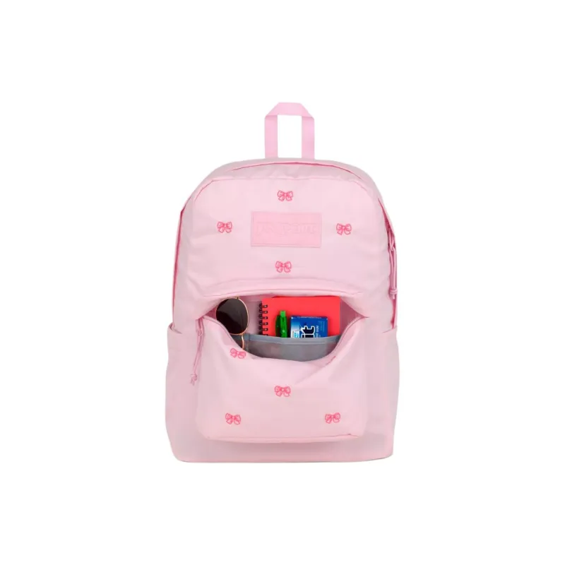 JanSport Recycled Polyester Backpack Women's Embroidered Bowknot Pink-5