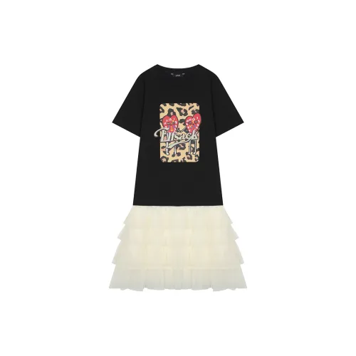 ELF SACK Short-Sleeved Dresses Women's Amusement Park Leopard Black