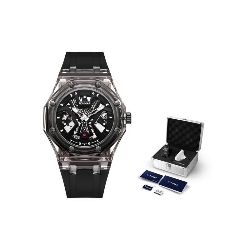 RONMAR Automatic Mechanical Movement Silicone Strap Watch Men's Watches Cut Out Dial-4