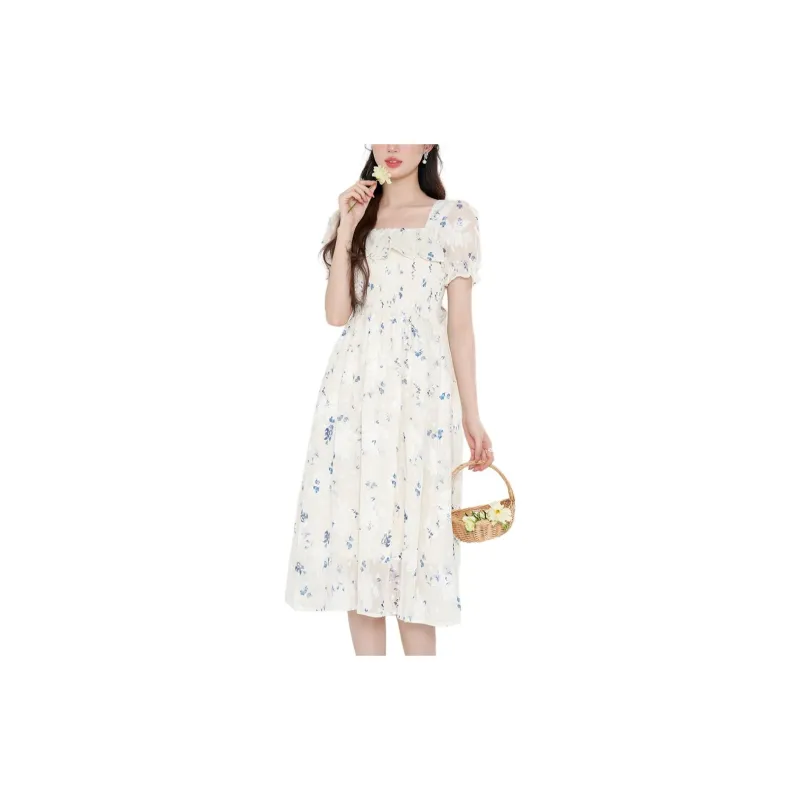 Emodues Short Sleeved Dress Women's Apricot Blue Floral-1