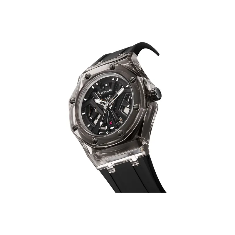 RONMAR Automatic Mechanical Movement Silicone Strap Watch Men's Watches Cut Out Dial-6