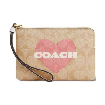 COACH Corner Zip Artificial Leather Wrist Bag Clutch Small Size Women's Light Khaki & Chalk White