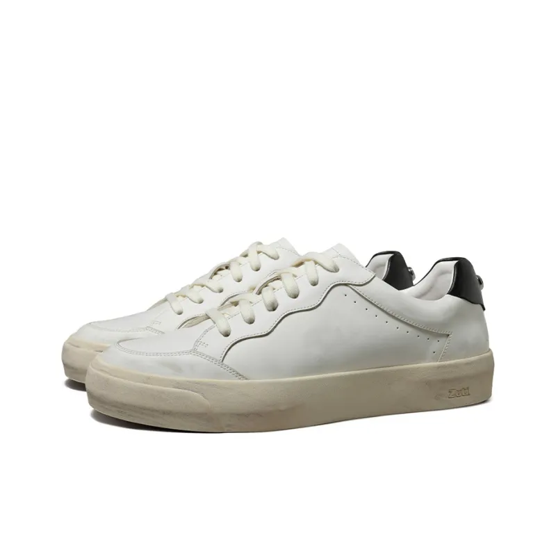 Zuti Trendy Distressed White Sneakers Low Top Skateboard Shoes Men's Ecru-1