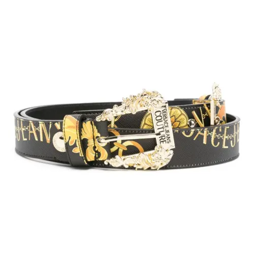 VERSACE JEANS COUTURE Print Pattern Pin Buckle Calfskin Leather Belts Women's Black Width: 3CM