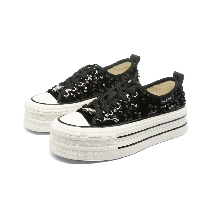 HLA Platform Casual Shoes For Women's-New Arrival Sequins Versatile Height Increasing Lightweight Canvas Shoes-1