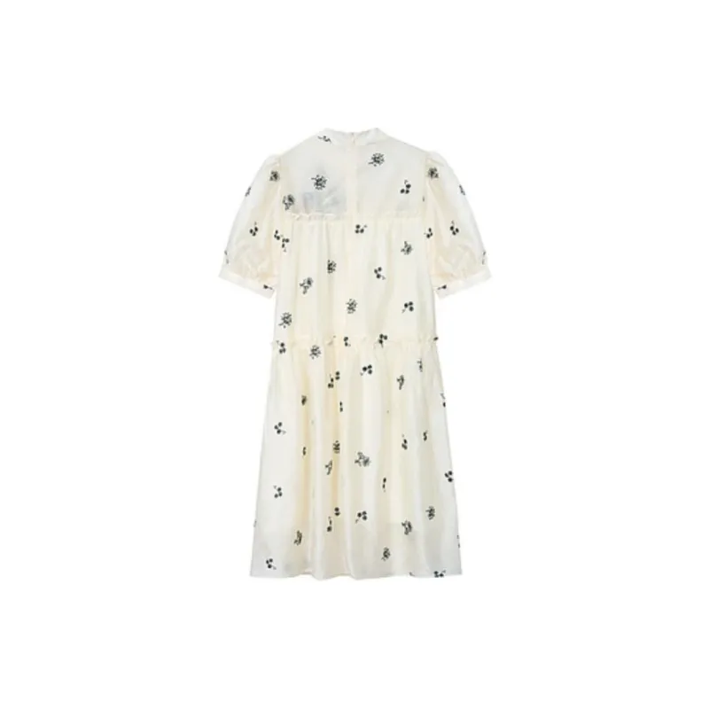 ZIHAN Short-Sleeved Dresses Women's Beige Base With Embroidery-1
