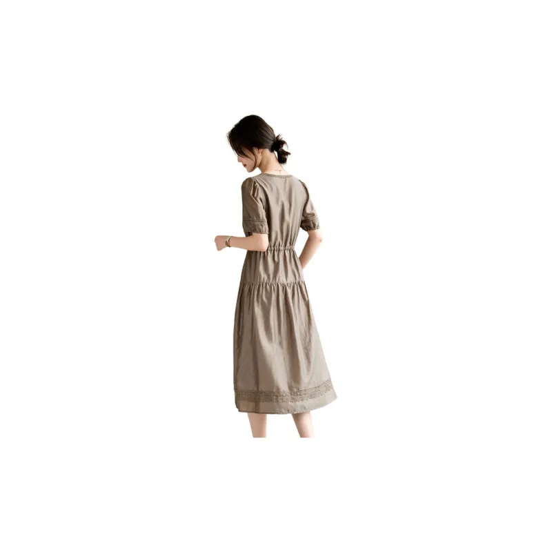 Still Quiet Short Sleeved Dress Women's Coffee Green-1