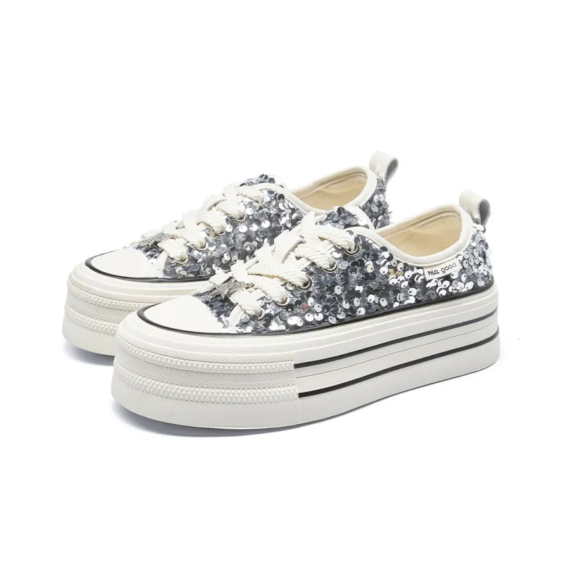 HLA Platform Casual Shoes For Women's-New Arrival Sequins Versatile Height Increasing Lightweight Canvas Shoes-9