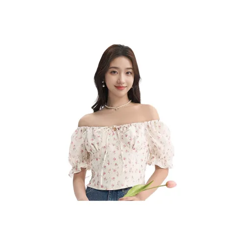 Three blessings Crop Tops Women's Apricot Base With Red Floral Pattern