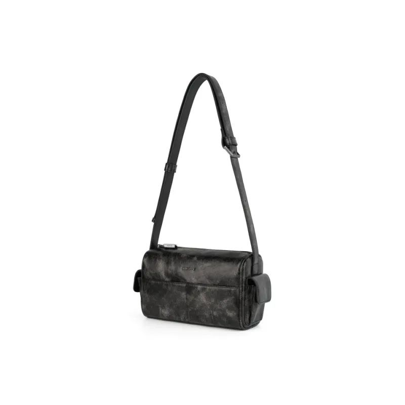 INJOYLIFE Cow Leather Cylinder Bag Crossbody Bag Shoulder Bag Women's Black Coffee-1
