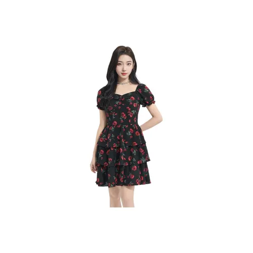 Three blessings Short-Sleeved Dresses Women's Black Base With Red Rose