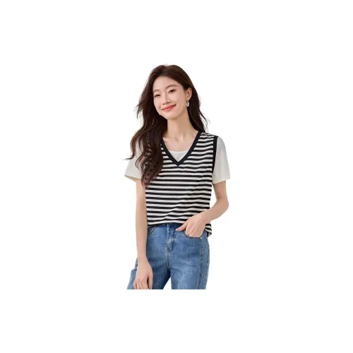 SLLSKY T-Shirts Women's Apricot Base With Black Stripes