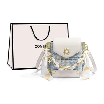 COMELY Cow Leather With Fabric Handbag Crossbody Bag Small Square Bag Cell Phone Pouch Regular Women's Light Blue