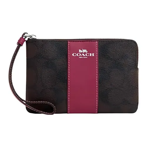 COACH Corner Zip PVC Clutch Small Size Women's Brown & Bright Violet