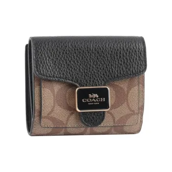 COACH Pepper Coated Canvas With Refined Pebbled Leather Card Holder, Wallet Mini Women's Brown & Black