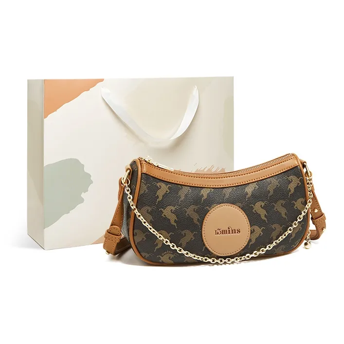 15 MINS PVC Advanced Moon Phase Bag Fashion Shoulder Bag Versatile Crossbody Bag Women's Coffee/Ecru-0