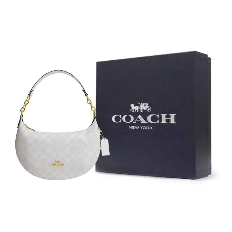 COACH Payton Coated Canvas With Smooth Leather Handbag Shoulder Bag Large Size Women's Gold & Chalk & Glacier White-8