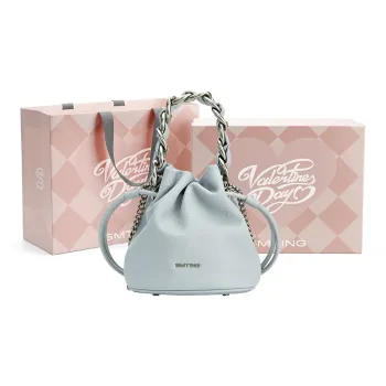 Simedin Split Cow Leather Bucket Bag, Shoulder Bag, Handbag Regular Women's Haze Blue/Cherry Blossom Pink