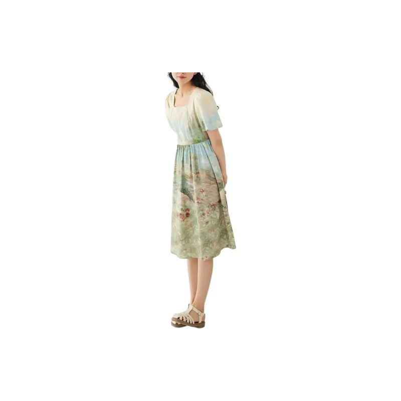 ZIHAN Short Sleeved Dress Women's Vintage Oil Painting-1
