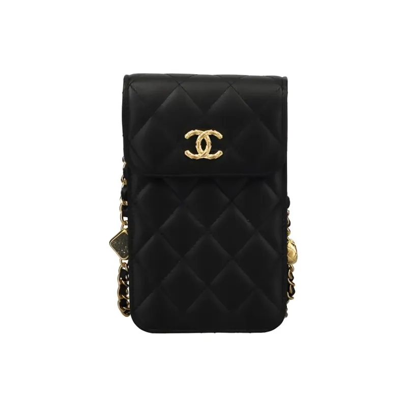 CHANEL Lambskin One Shoulder Crossbody Cell Phone Pouch Women's Black-0