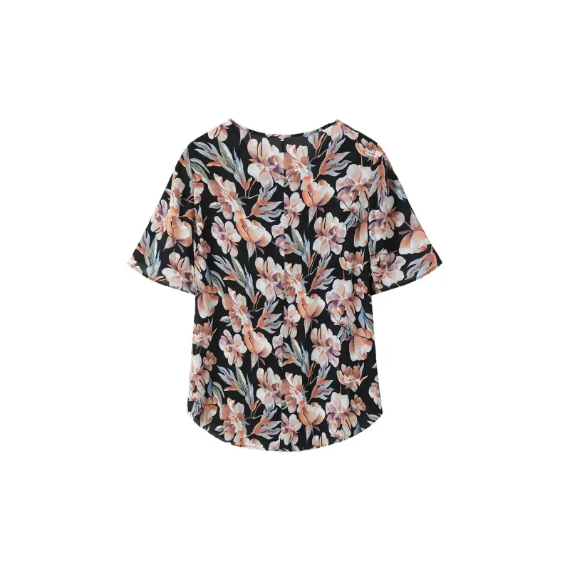 H-YXIANG T-Shirt Women's Black Background Watercolor Floral-1