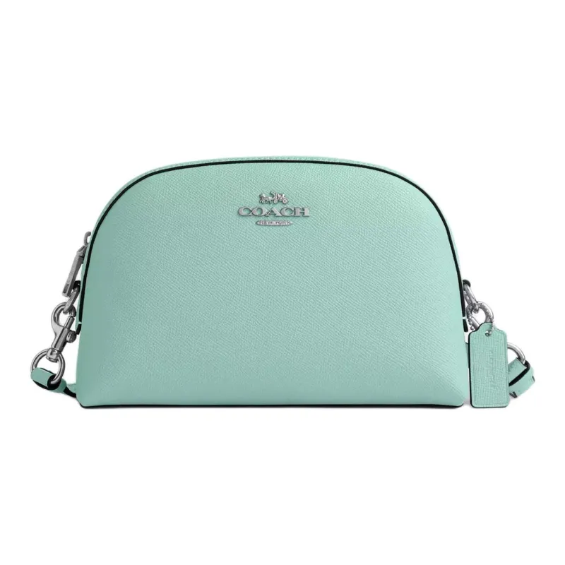 COACH Cross Grain Leather Dome Bag, Shoulder Bag, Crossbody Bag Trumpets Women's Silver & Faded Blue-0