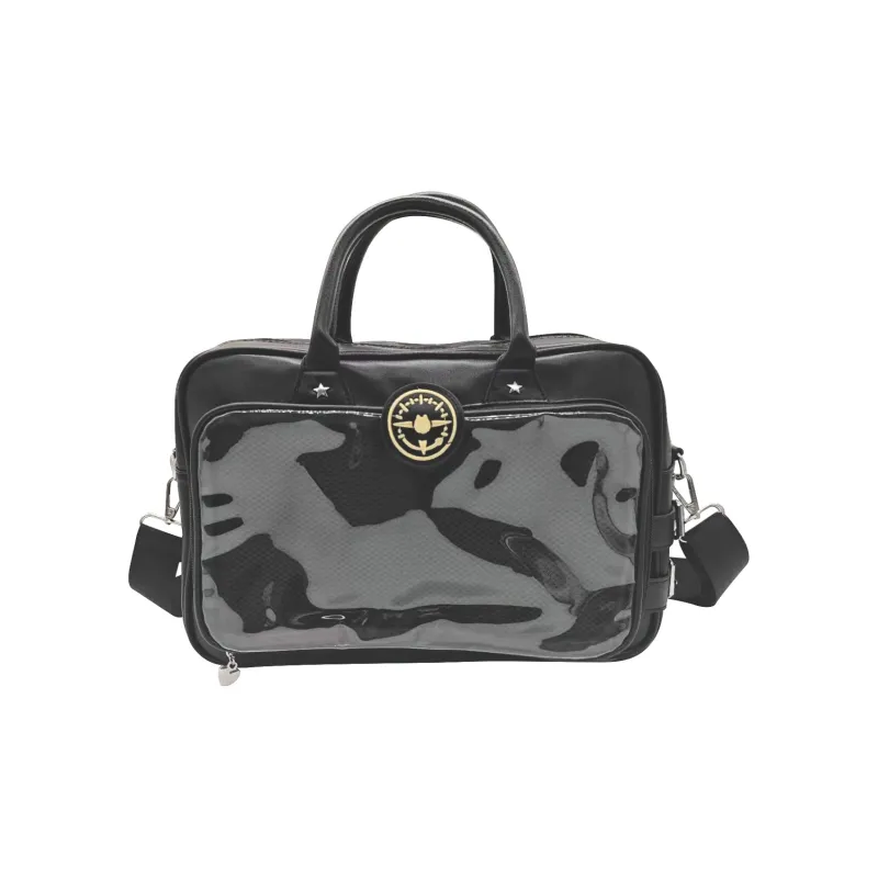 UNITE STAR PU Large Capacity Daily Tote Bag With Badge Beige One Shoulder Handbag Medium Size Women's Black/White-6