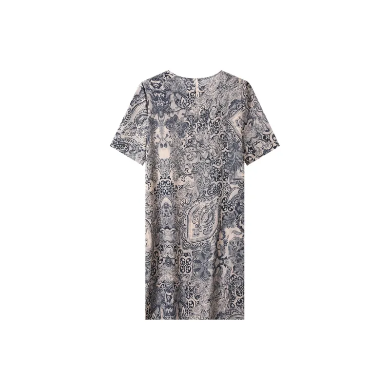 H-YXIANG Short-Sleeved Dresses Women's Blue Gray Ham Flower-1