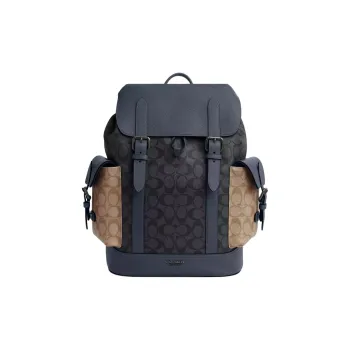 COACH Hudson Signature Coated Canvas With Leather Backpack Large Size Men's Charcoal Gray & Khaki & Denim