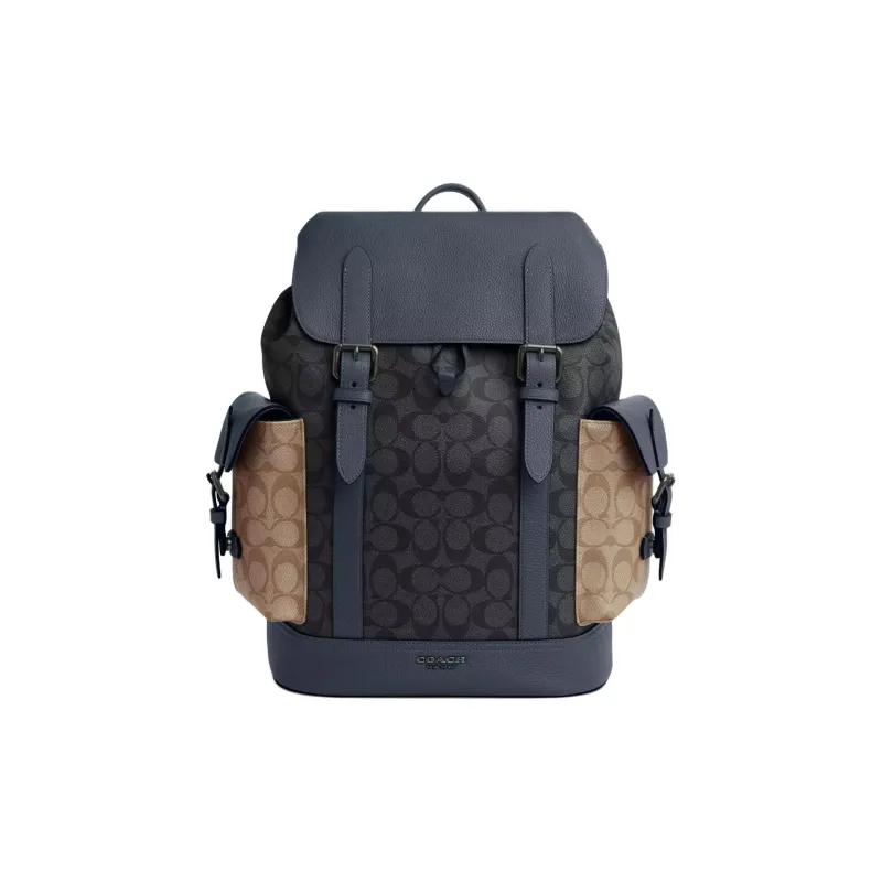 COACH Hudson Signature Coated Canvas With Leather Backpack Large Size Men's Charcoal Gray & Khaki & Denim-0