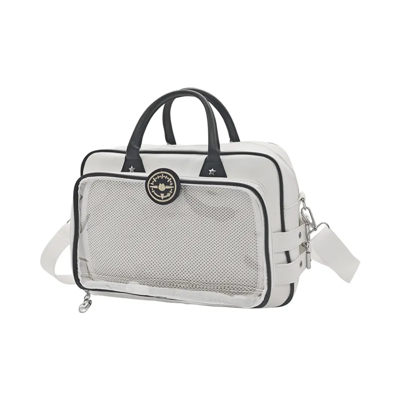 UNITE STAR PU Large Capacity Daily Tote Bag With Badge Beige One Shoulder Handbag Medium Size Women's Black/White-1