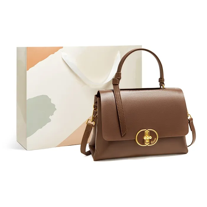 15 MINS Cow Leather Handbag Women's Ecru & Apricot/Coffee-6