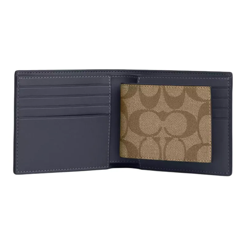 COACH Boxed Signature Coated Canvas Wallet Mini Men's Bronze & Khaki & Denim-3