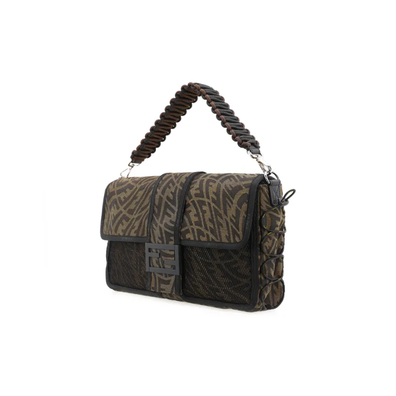 FENDI Baguette Canvas With Leather Baguette Bag Handbag Shoulder Bag Crossbody Bag Large Size Men's Brown-3