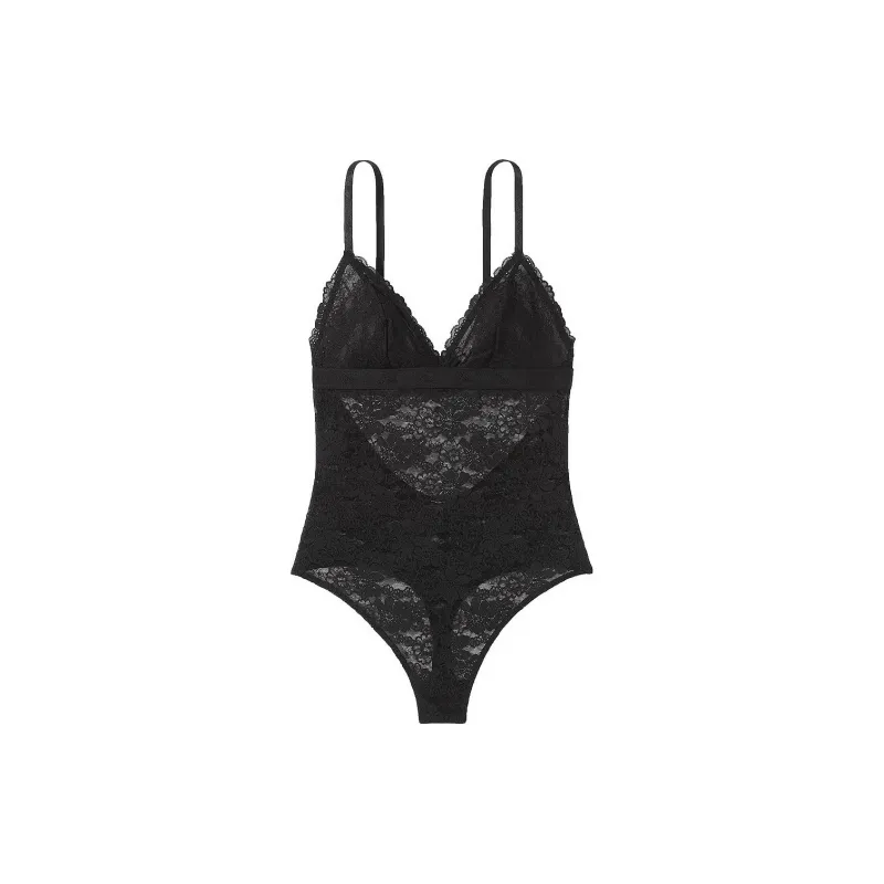 Victoria's Secret PINK WINK LACE TRIANGLE UNLINED BODYSUIT/Black Bodysuits Women's Black-0