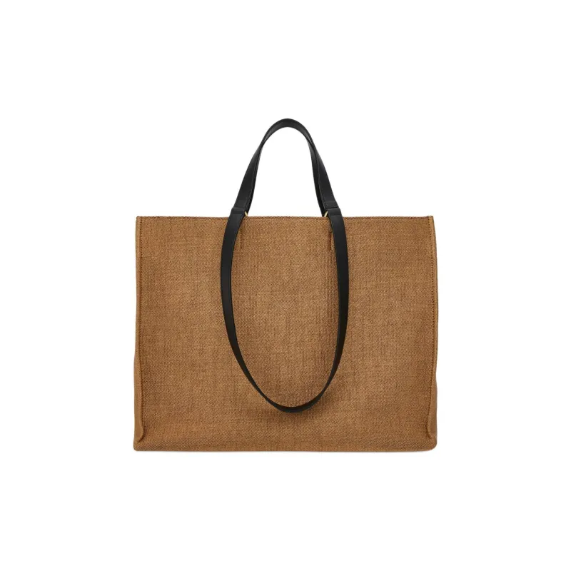FERRAGAMO Raffia With Calfskin Tote Bag Shopping Bag Shoulder Bag Handbag Large Size Women's Honey & Black-2