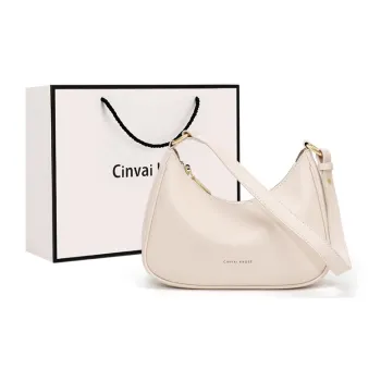 CinvaiKrose Cow Leather With Synthetic Leather Crescent Bag Shoulder Bag Small Size Women's Ecru/Black