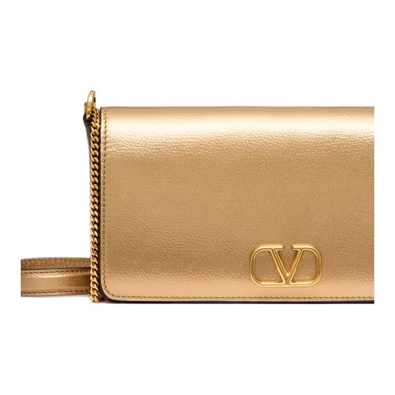 Valentino Vlogo Grained Calfskin Shoulder Bag Crossbody Bag Women's Vintage Yellow Copper-4