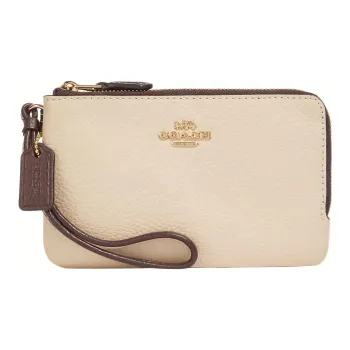COACH Double Zip Wallet Glossy Pebbled Leather Clutch Wrist Bag Small Size Women's Ivory White