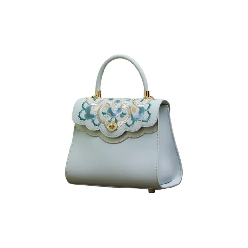 Pmsi Cow Leather Portable One Shoulder Handbag, Crossbody Bag Trumpets Women's Pink/Light Blue-6