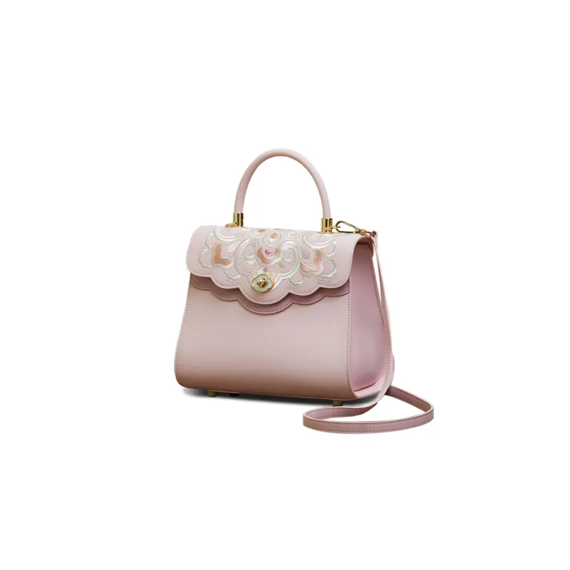 Pmsi Cow Leather Portable One Shoulder Handbag, Crossbody Bag Trumpets Women's Pink/Light Blue-2