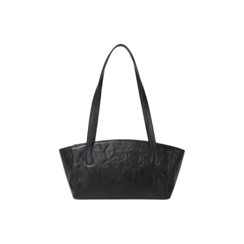 BAMPO Cow Leather Handbag Shoulder Bag Medium Size Women's Pure Black-0