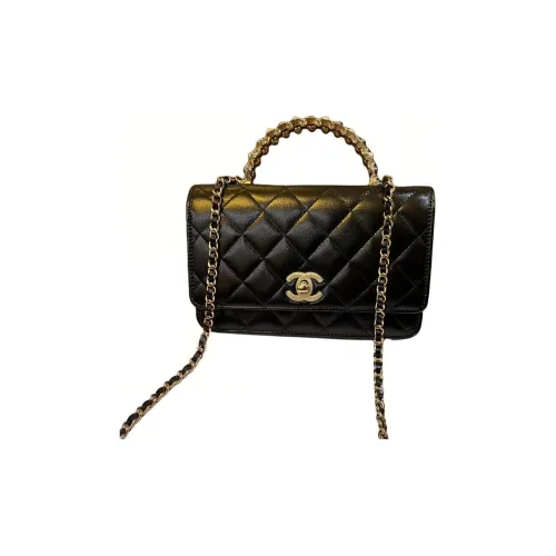 CHANEL Bright Crinkle Lambskin Artificial Pearl Metal Shoulder Bag, Crossbody Bag, Handbag Women's Black