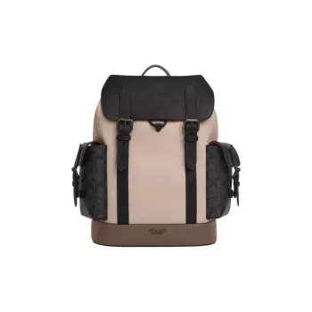 COACH Hudson Elegant Pebbled Leather With Signature Coated Canvas Backpack Large Size Men's Charcoal Gray