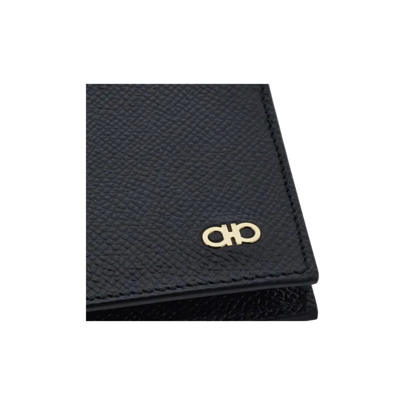FERRAGAMO GANCINI Embossed Calfskin With Hammered Leather Card Holder Men's Black-4