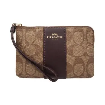 COACH Corner Zip Canvas With Leather Coin Purse Wrist Bag Clutch Women's Dark Brown