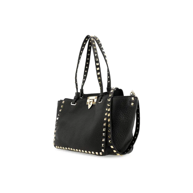 Valentino Rockstud Cow Leather Tote Shoulder Bag, Handbag Medium Size Women's Black-4
